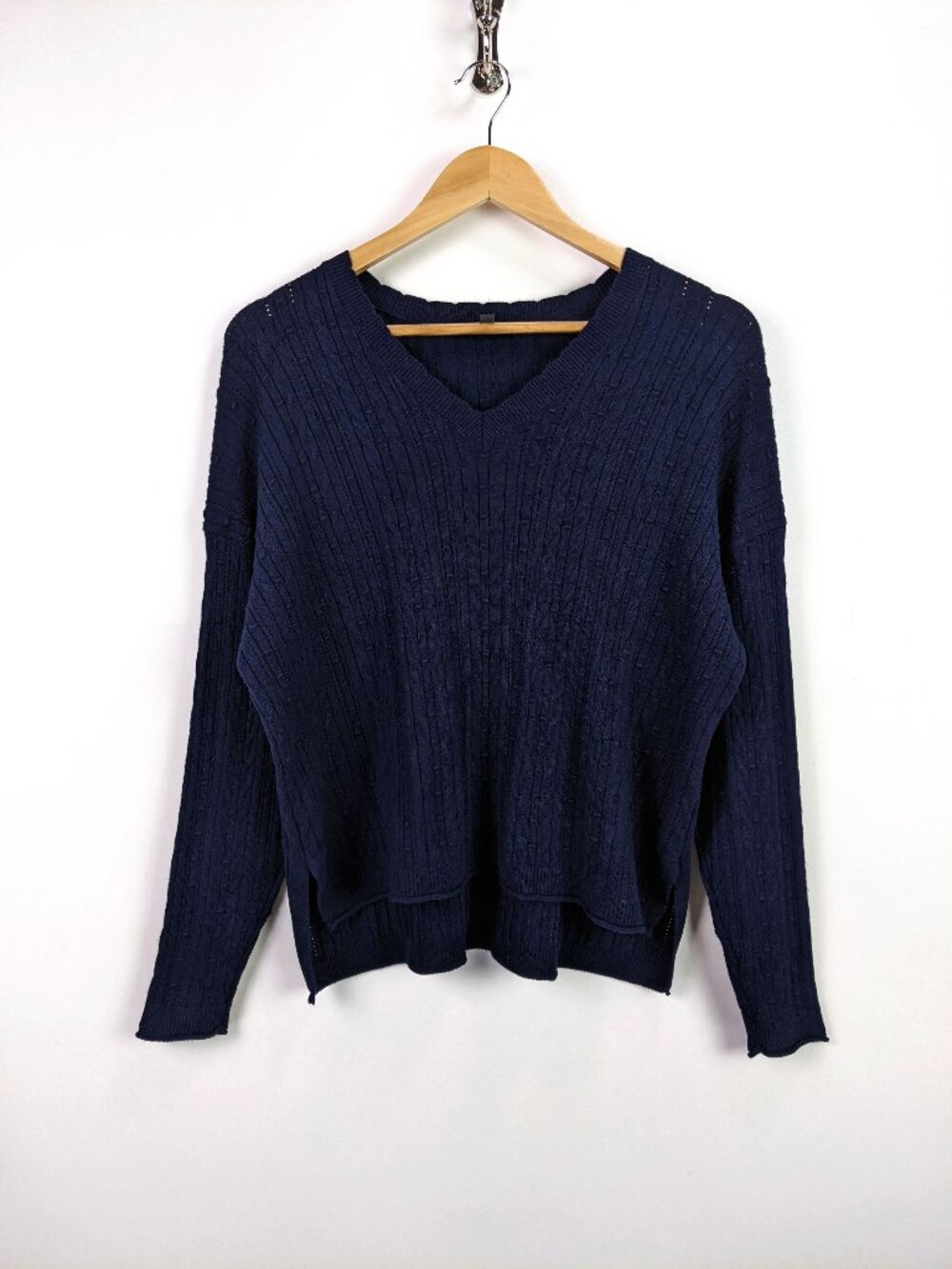 Adrianna Papell Indigo Blue V-Neck Pointelle Long Sleeve Sweater Size S